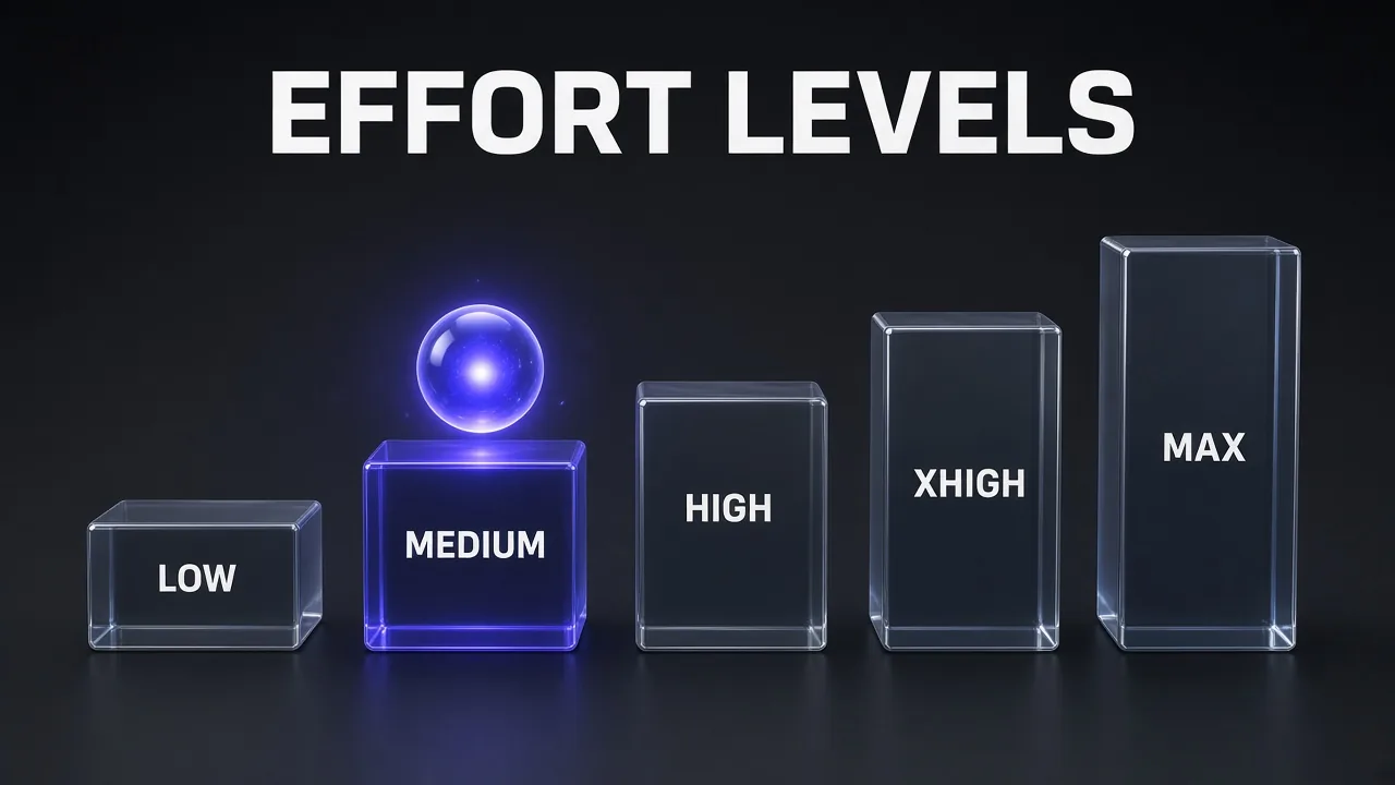 Five glowing glass steps labelled LOW, MEDIUM, HIGH, XHIGH and MAX showing Claude Opus 5.5 effort levels