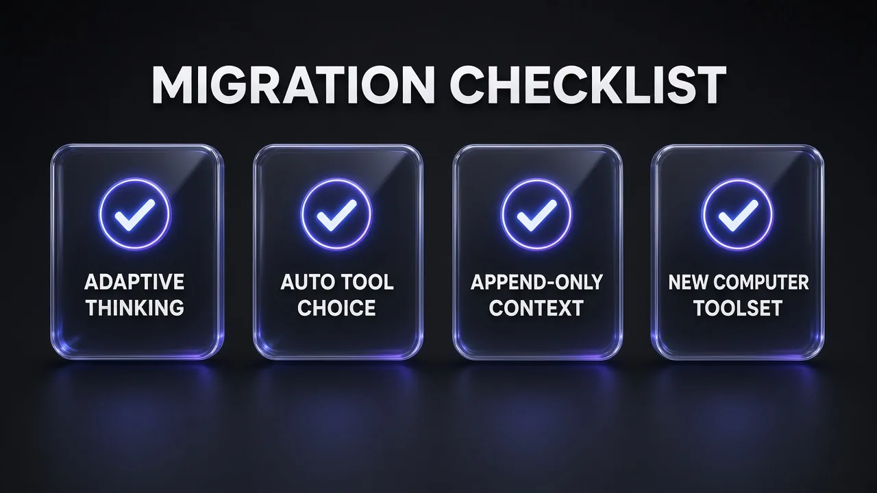 Four glass checklist cards for migrating to Claude Opus 5.5: adaptive thinking, auto tool choice, append-only context and the new computer toolset