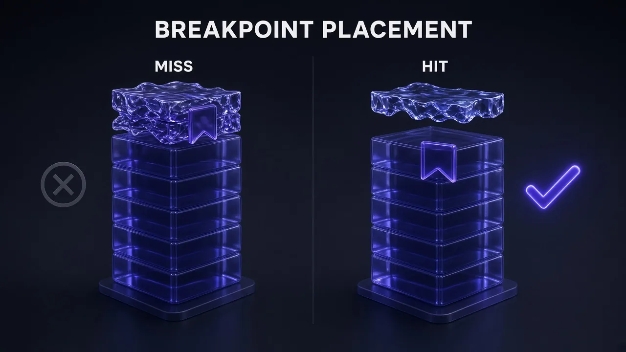 Split comparison titled Breakpoint Placement: on the left the marker sits on the changing top block and misses, on the right it sits on the last stable block and hits