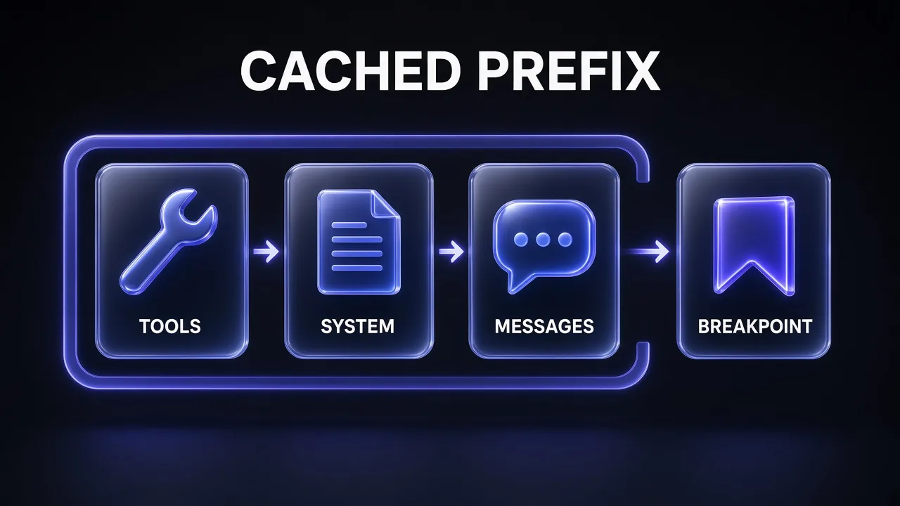 Diagram titled Cached Prefix: Tools, System and Messages cards wrapped in one bracket, with a Breakpoint card marking where the cached prefix ends