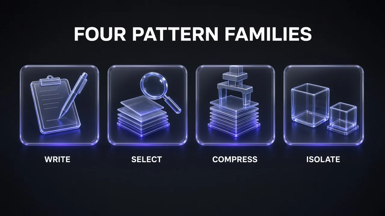 Four glossy glass cards labelled WRITE, SELECT, COMPRESS and ISOLATE under the headline FOUR PATTERN FAMILIES, showing the four groups of context engineering patterns for Claude Code