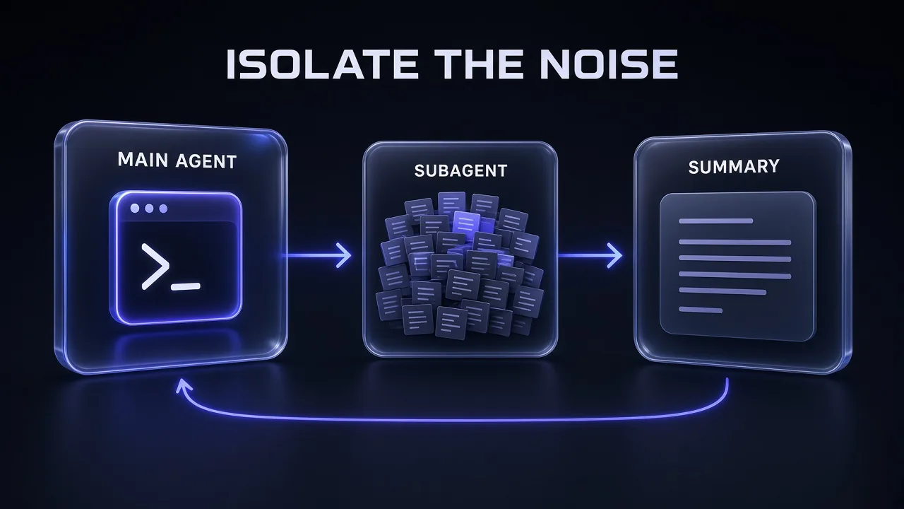 Three glass panels labelled MAIN AGENT, SUBAGENT and SUMMARY under the headline ISOLATE THE NOISE, showing a cluttered subagent workspace reduced to one clean summary that returns to the main Claude Code agent