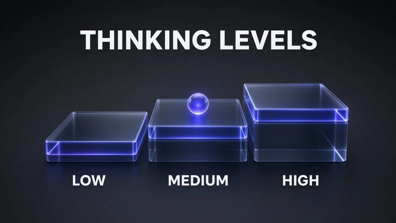 Three glowing glass steps labelled LOW, MEDIUM and HIGH showing Gemini 4 Argon thinking levels, with the default on MEDIUM