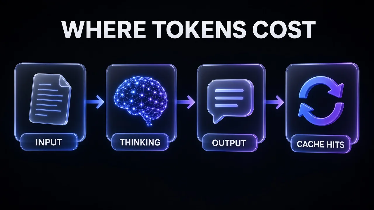 Flowchart titled WHERE TOKENS COST with four connected cards labelled INPUT, THINKING, OUTPUT and CACHE HITS, showing the four ways a Gemini 4 Argon API request is billed