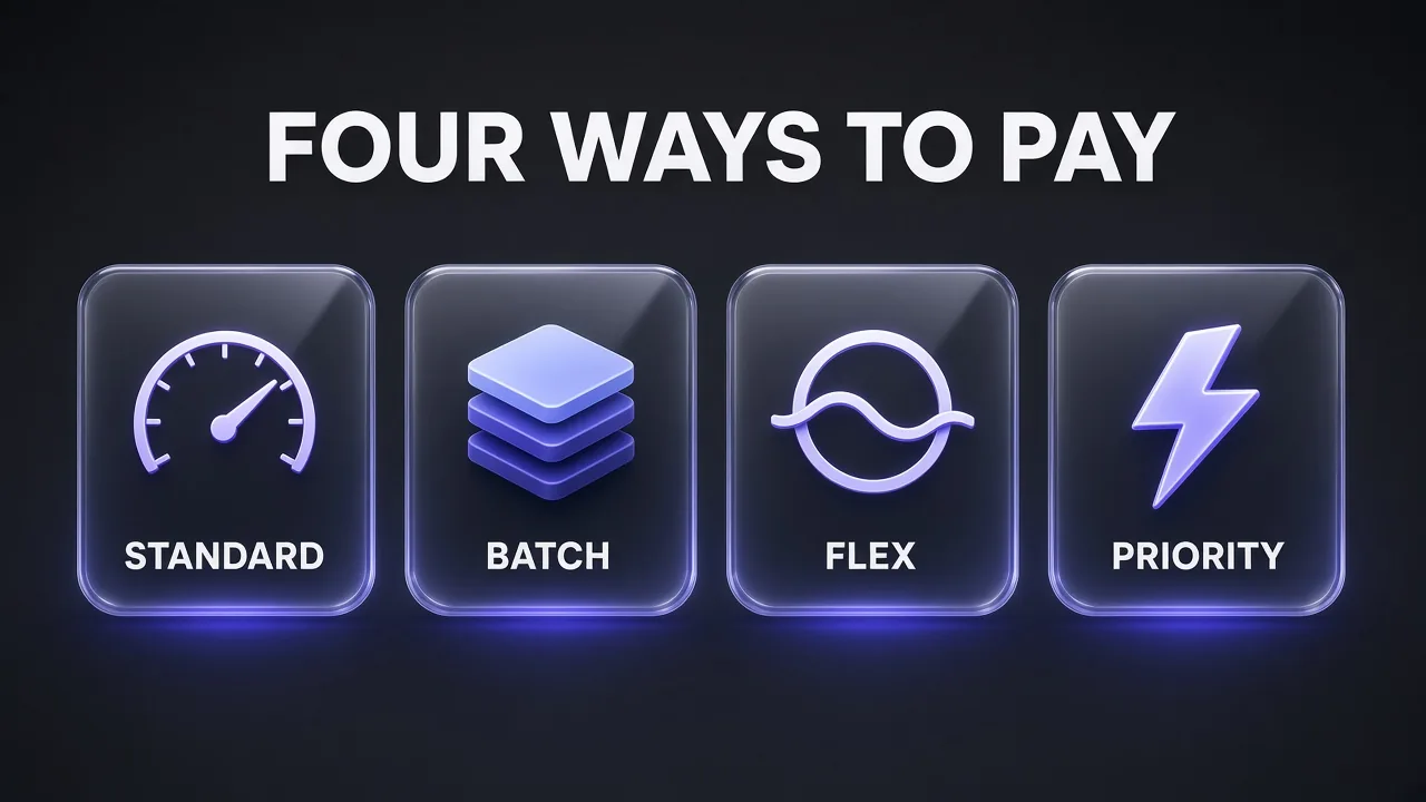 Four glass cards under the headline FOUR WAYS TO PAY, labelled STANDARD, BATCH, FLEX and PRIORITY, representing the Gemini 4 Argon API service tiers