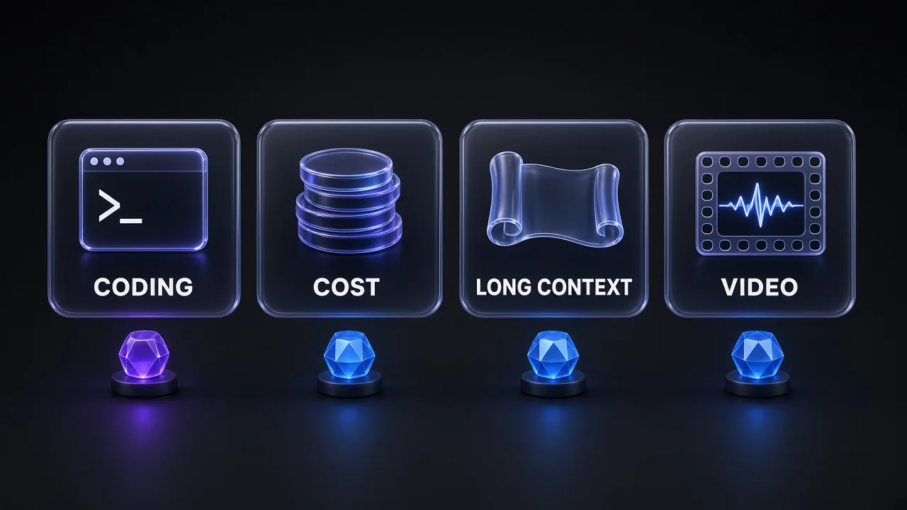 Decision matrix showing which model to pick for coding, cost, long context and video tasks
