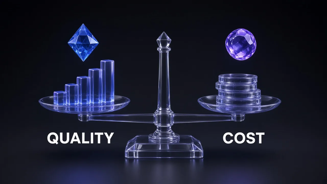 Balance scale weighing benchmark quality against cost per task for two AI models