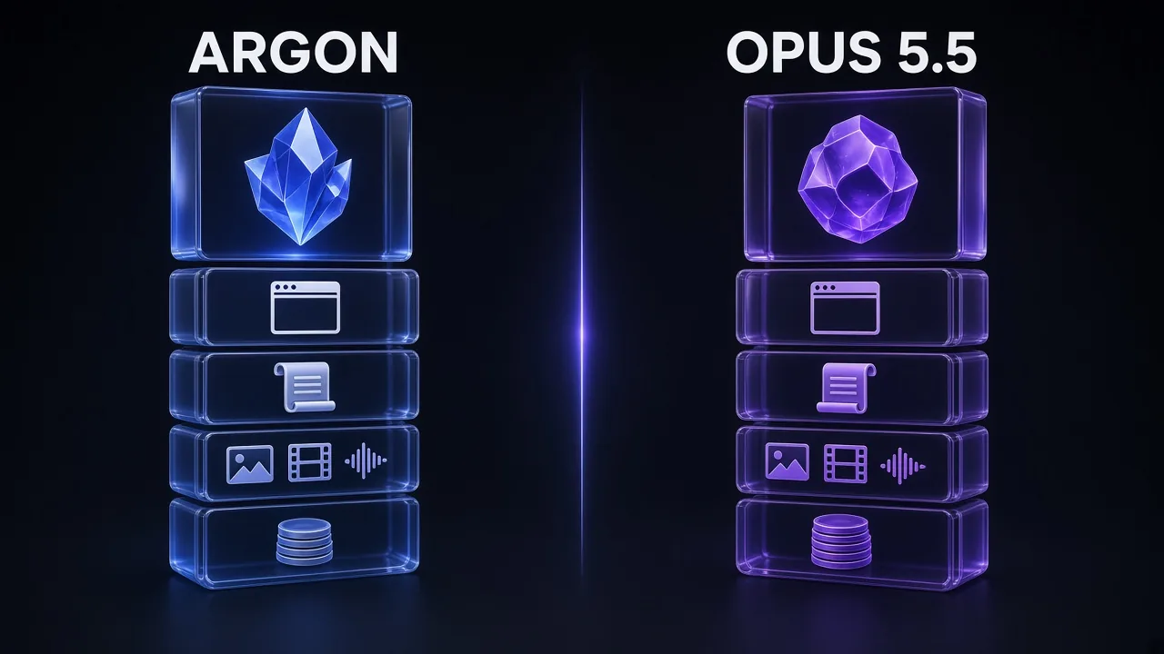 Side-by-side comparison panel of Gemini 4 Argon and Claude Opus 5.5 showing context, output, inputs and price