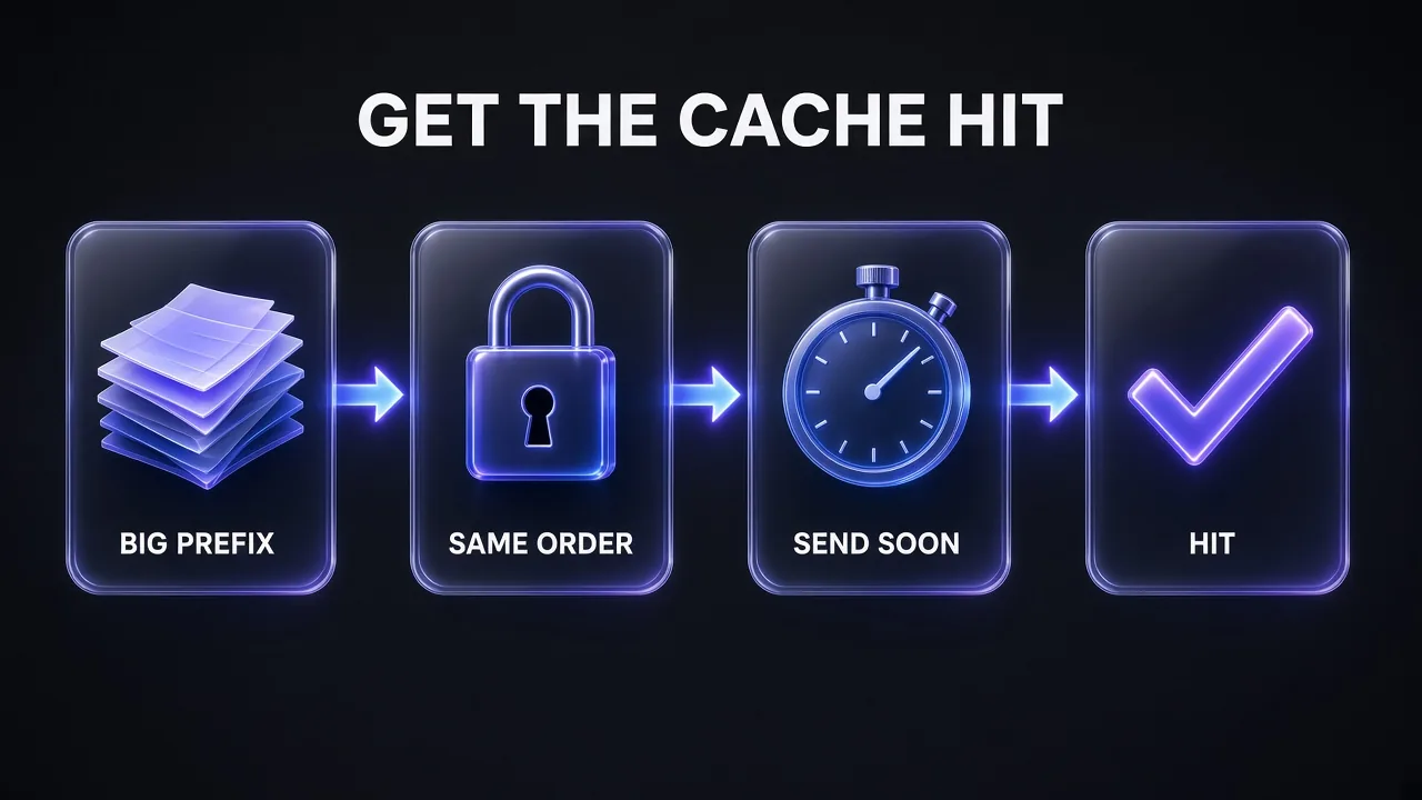 Four-step flow for getting prompt cache hits: build a big prefix, keep it in the same order, send the next request soon, and get the cache hit