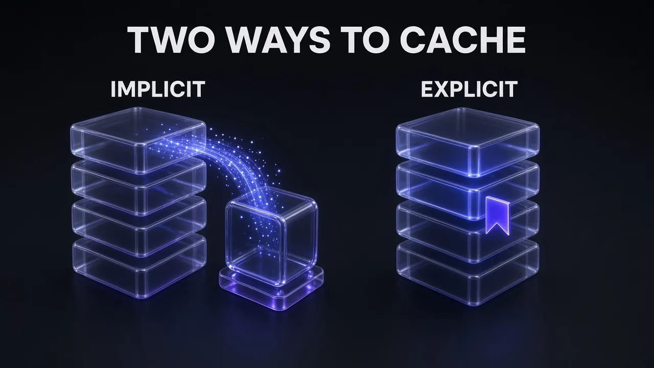 Split comparison of two prompt caching styles: implicit caching automatically streams the top of a prompt stack into a cache, explicit caching stores only the blocks above a bookmark marker