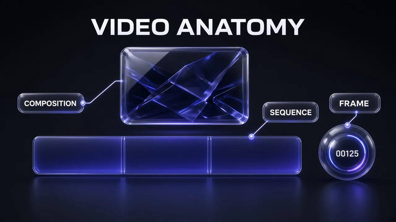 Anatomy of a Remotion video: the composition is the whole video frame, sequences are blocks on the timeline, and a frame counter shows the current frame number