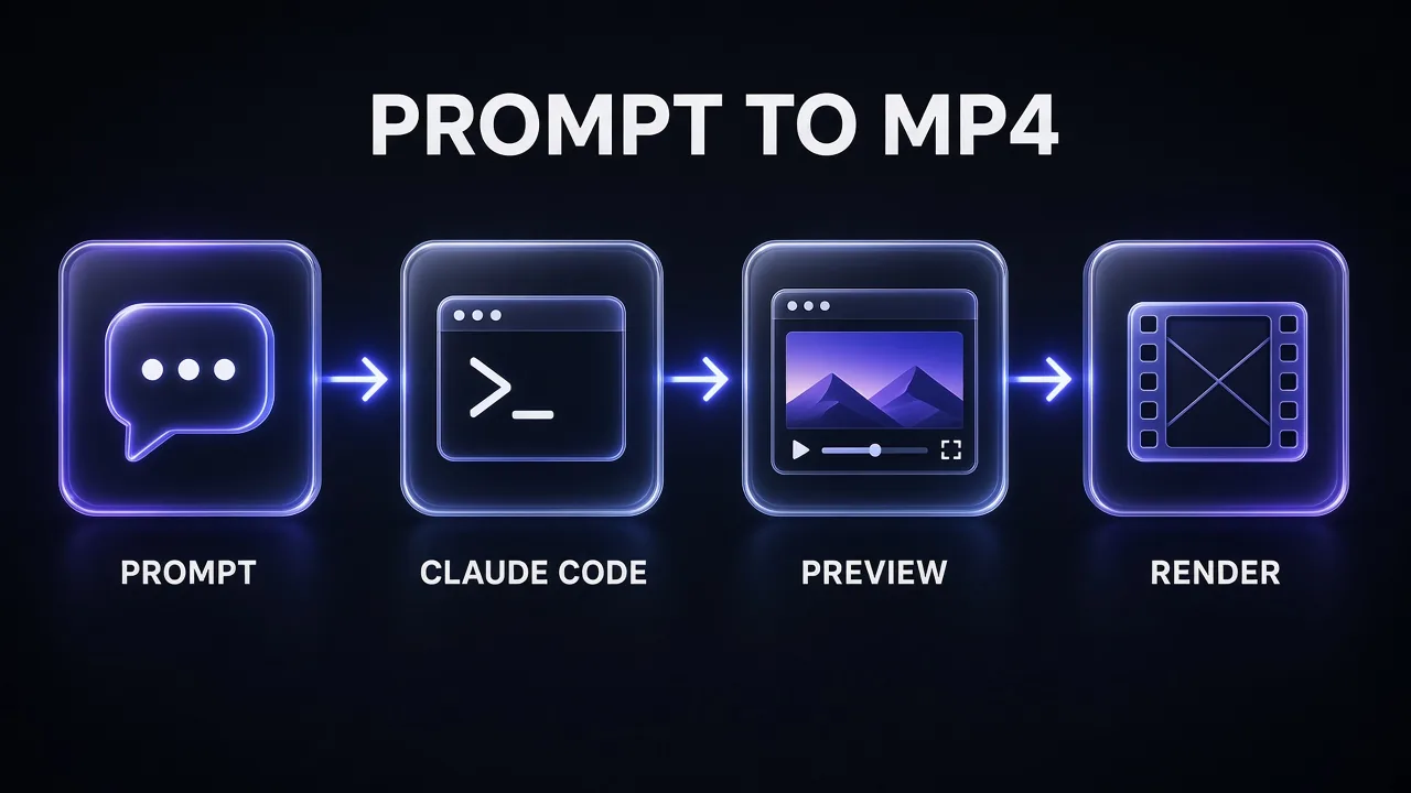 Prompt to MP4 workflow: a prompt goes to Claude Code, which edits the Remotion project, you check it in the Studio preview, then render the final MP4