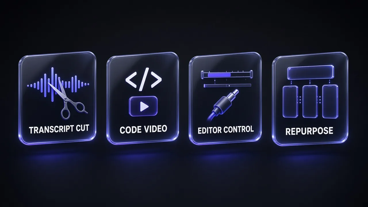 Four glass cards showing the four ways to edit video with Claude: transcript cut, code video, editor control and repurpose