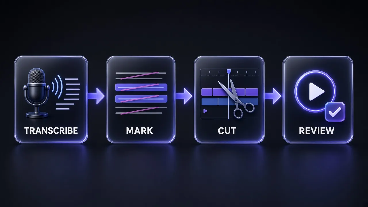 Four-step transcript rough cut pipeline: transcribe, mark, cut and review
