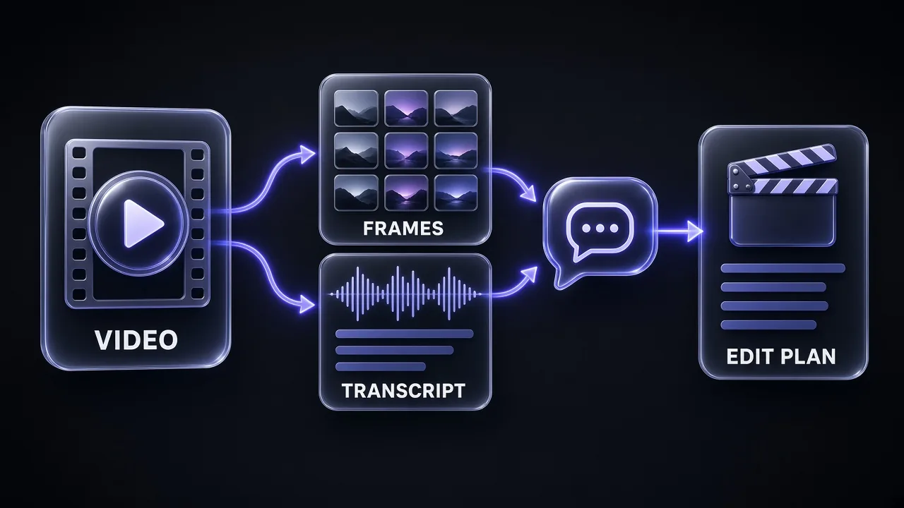 Diagram showing a video split into frames and a transcript, which Claude turns into an edit plan
