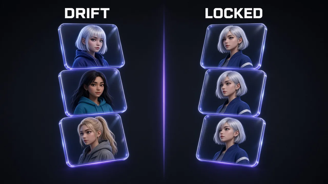 Split comparison: on the left a 3D character whose face, hair and jacket change across three video frames, labelled DRIFT; on the right the same character identical across three frames, labelled LOCKED