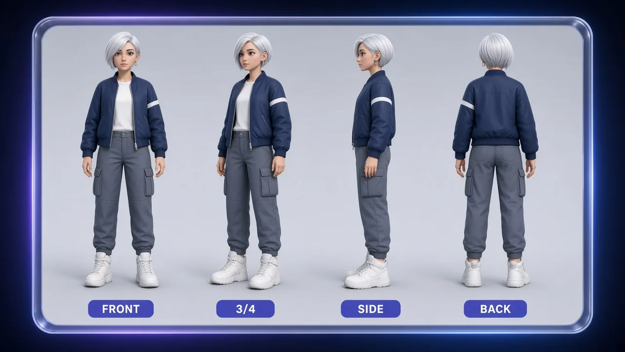 Character turnaround reference sheet of one stylised 3D character shown in front, three-quarter, side and back views on a plain grey background, labelled FRONT, 3/4, SIDE and BACK