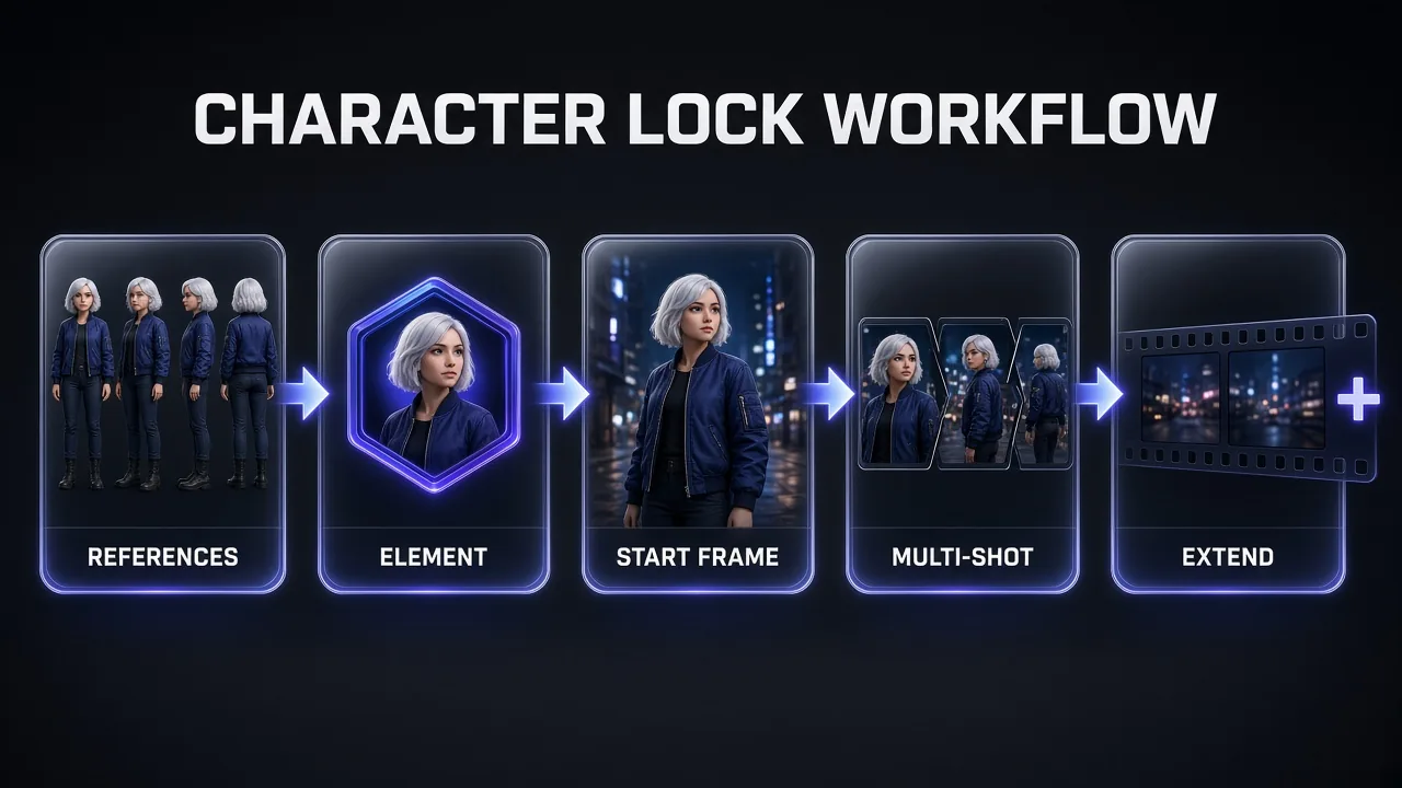 Five-stage flowchart of the Kling consistency workflow: reference set, Element, start frame, multi-shot generation and extend, joined by glowing arrows