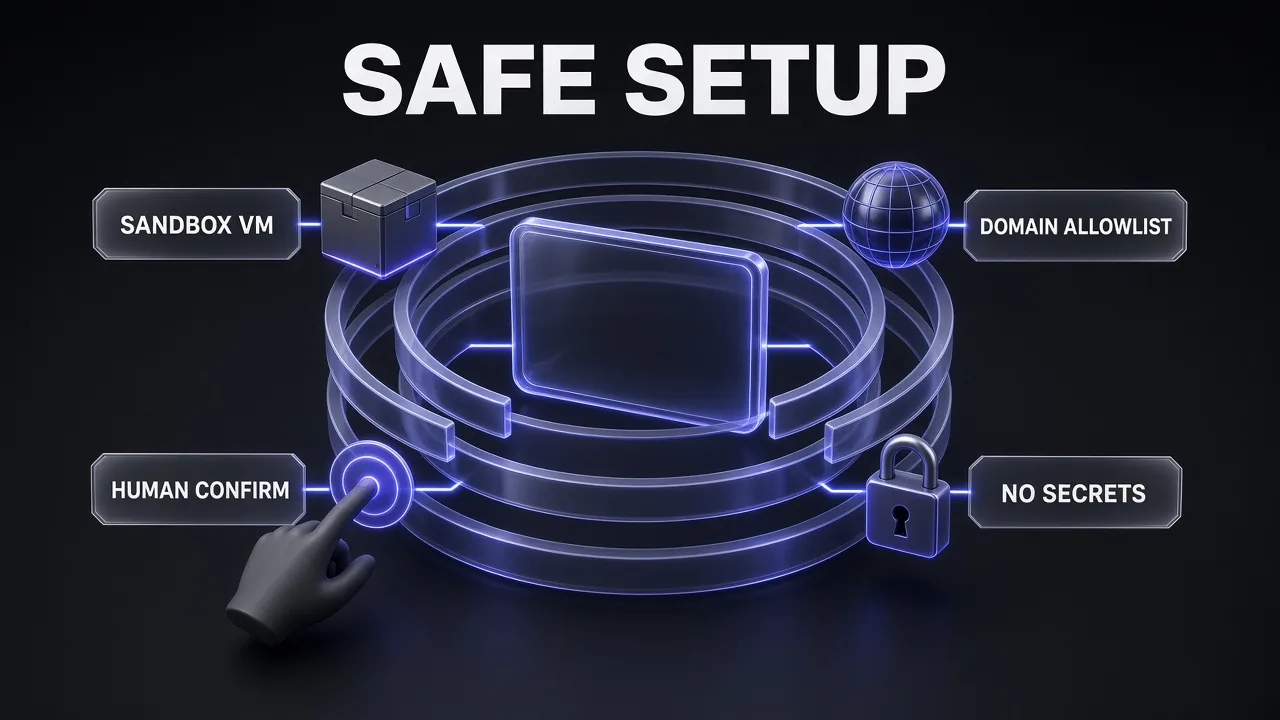 Diagram titled Safe Setup: a glass monitor inside concentric rings labelled Sandbox VM, Domain Allowlist, No Secrets and Human Confirm