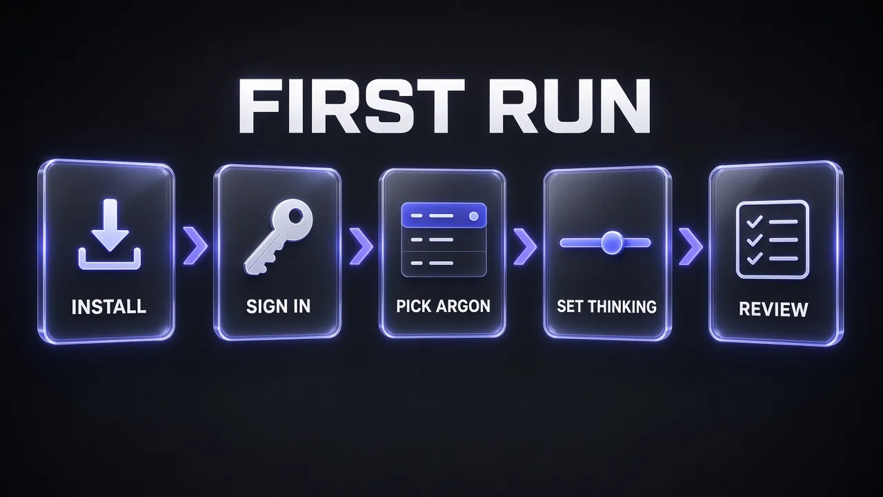 Five connected glass cards headed First Run showing the setup order: Install, Sign In, Pick Argon, Set Thinking and Review