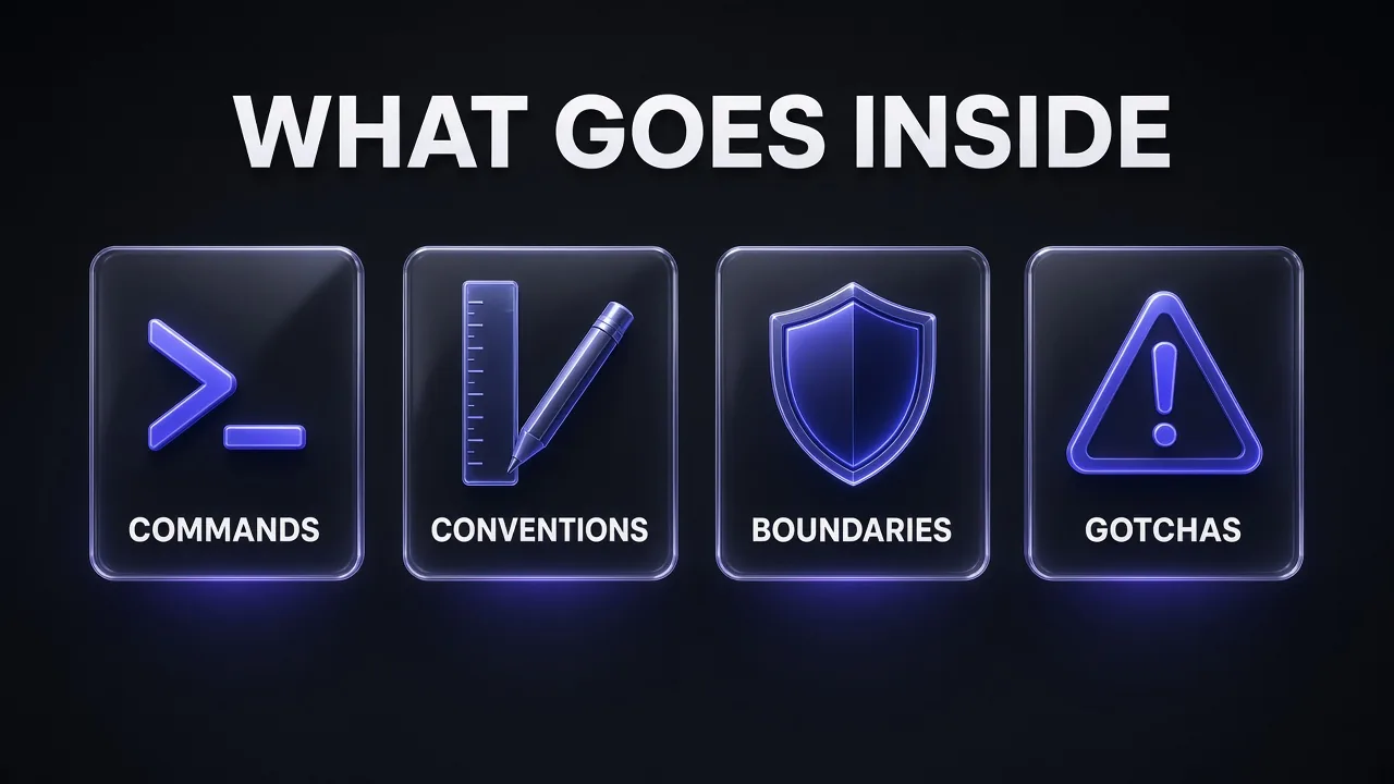 Four glass cards under the headline What Goes Inside, labelled Commands, Conventions, Boundaries and Gotchas, with terminal, ruler and pencil, shield and warning-triangle icons