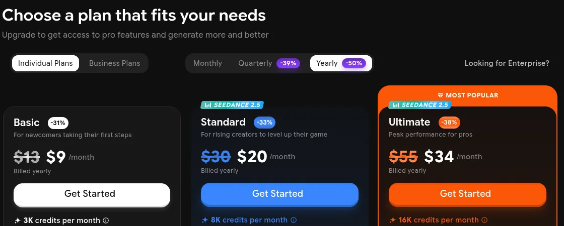 ImagineArt pricing page with the yearly toggle selected, showing Basic at $9, Standard at $20 and Ultimate at $34 per month billed yearly, with struck-through prices and discount badges