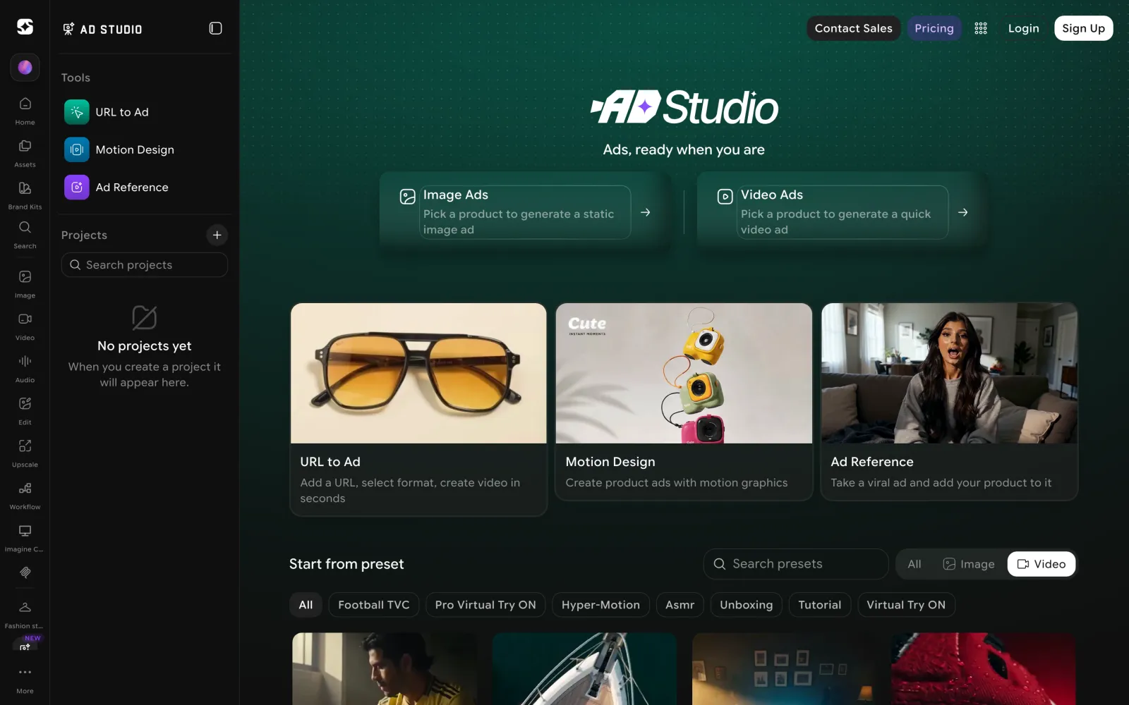 ImagineArt Ad Studio with URL to Ad, Motion Design and Ad Reference options, and a preset library including virtual try-on, hyper-motion, ASMR, unboxing and tutorial formats