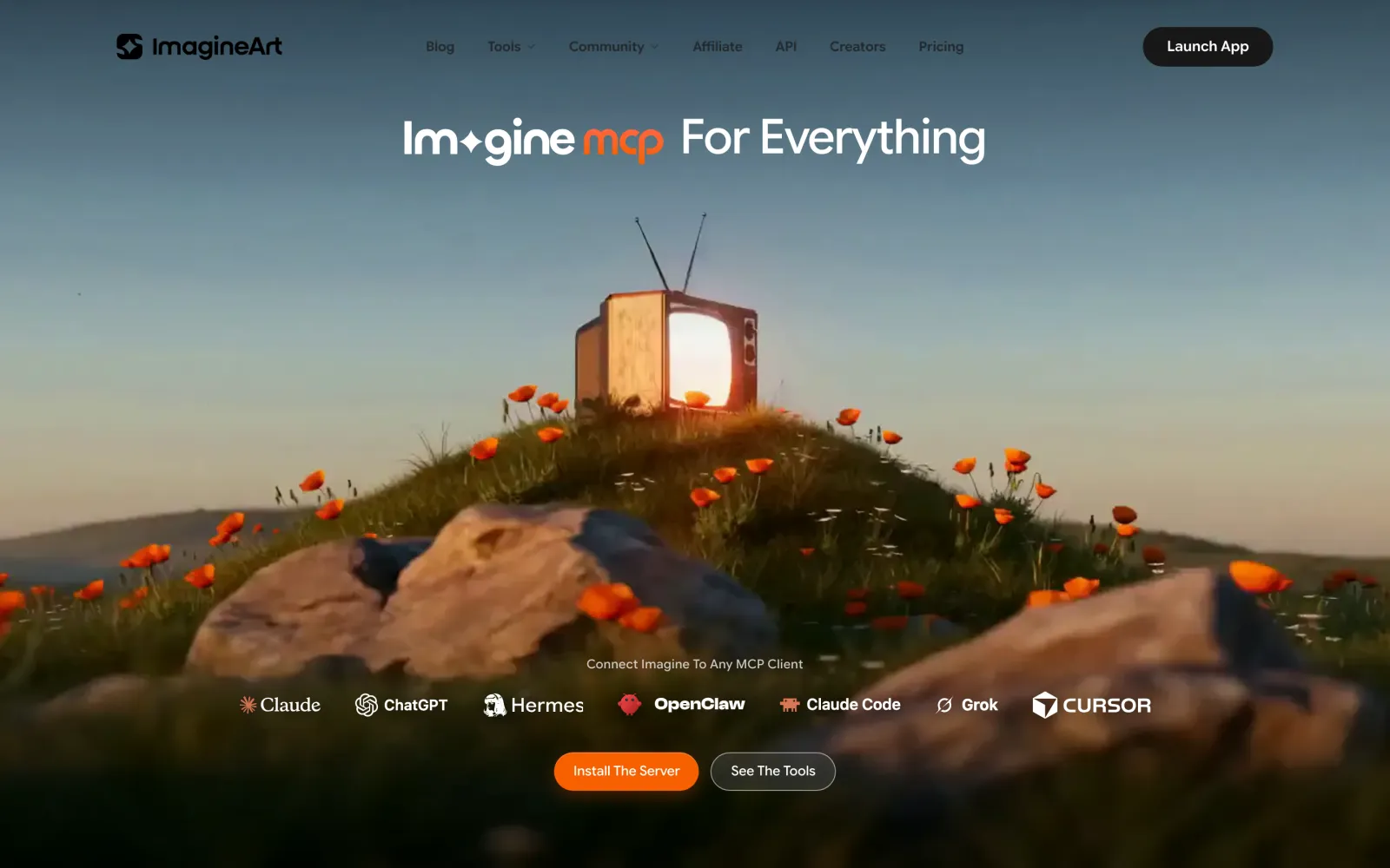 The Imagine MCP landing page reading Imagine MCP For Everything, listing supported clients including Claude, ChatGPT, Hermes, OpenClaw, Claude Code, Grok and Cursor, with Install The Server and See The Tools buttons