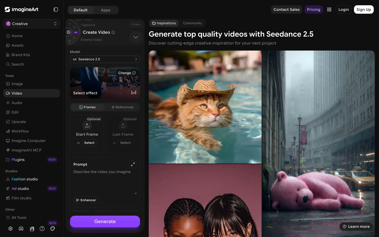 ImagineArt's video generator with Seedance 2.5 selected, start and last frame upload slots, a prompt box with an enhancer, and an inspiration gallery of generated clips