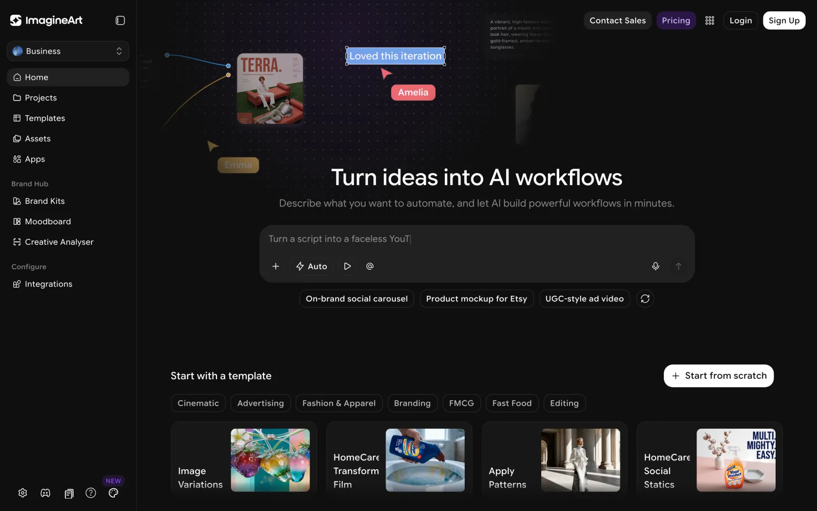 ImagineArt Workflows start screen reading Turn ideas into AI workflows, with a prompt box, suggested automations and templates by industry, plus Brand Kits, Moodboard and Creative Analyser in the sidebar