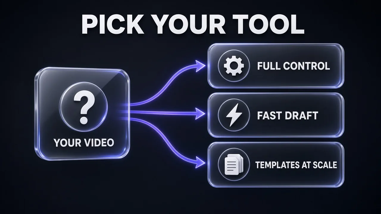 Decision diagram titled Pick Your Tool: a Your Video card branching to three options labelled Full Control, Fast Draft and Templates at Scale