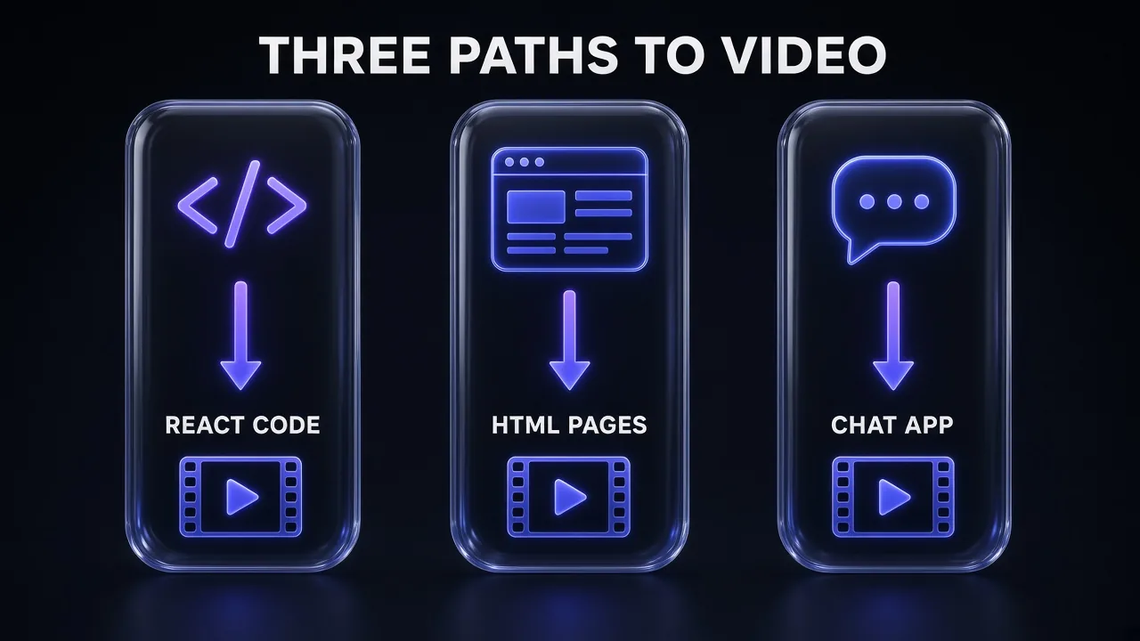 Three glass columns under the headline Three Paths to Video, labelled React Code, HTML Pages and Chat App, each with an arrow pointing down to the same film strip icon