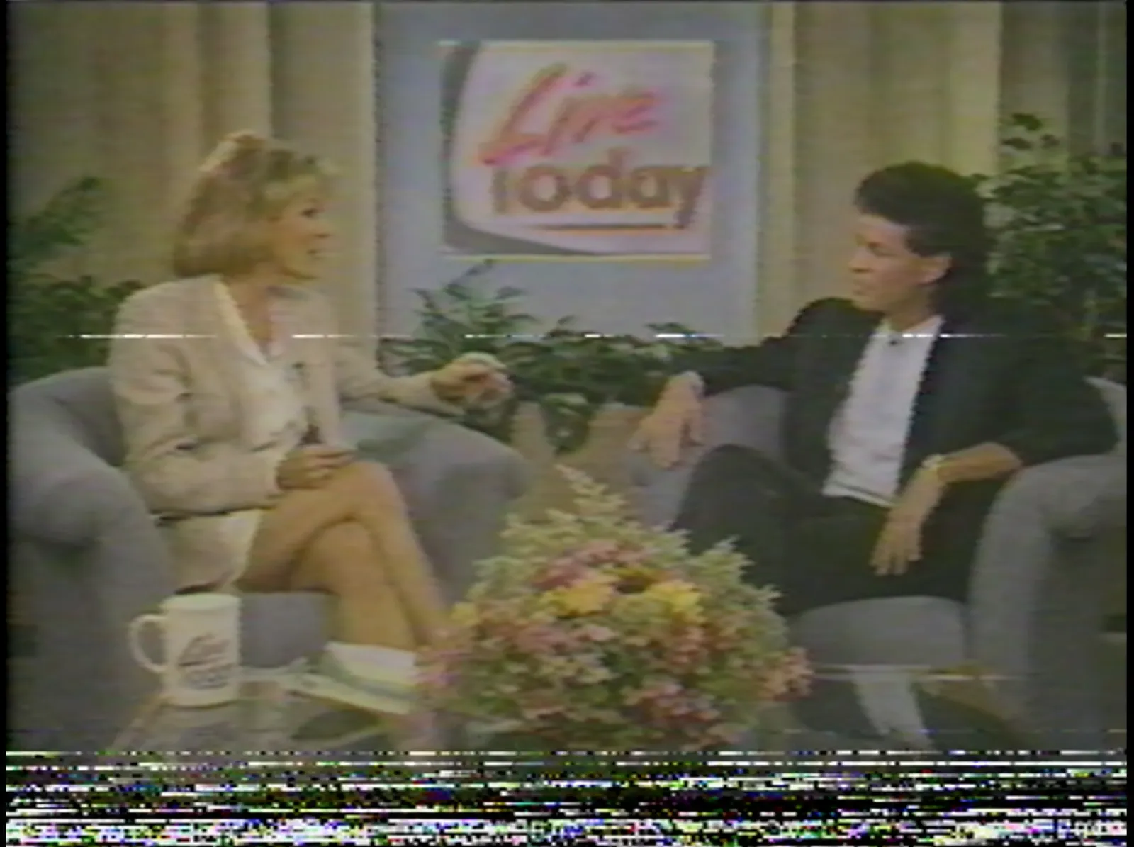 A third-generation VHS frame of a 1991 daytime talk show, generated from prompt 17: tape softness, chroma bleed, a tracking distortion band across the middle and head-switching noise along the bottom edge