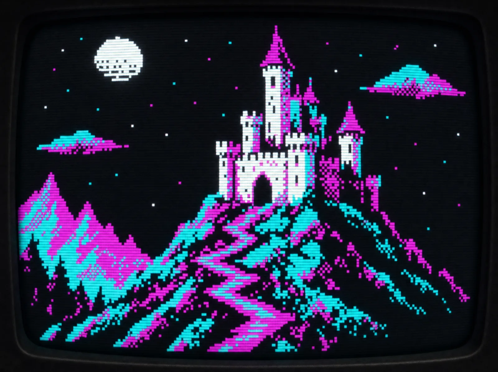 A castle scene rendered in the four-colour CGA palette of black, cyan, magenta and white, generated from prompt 28, displayed on a curved CRT monitor with visible scanlines