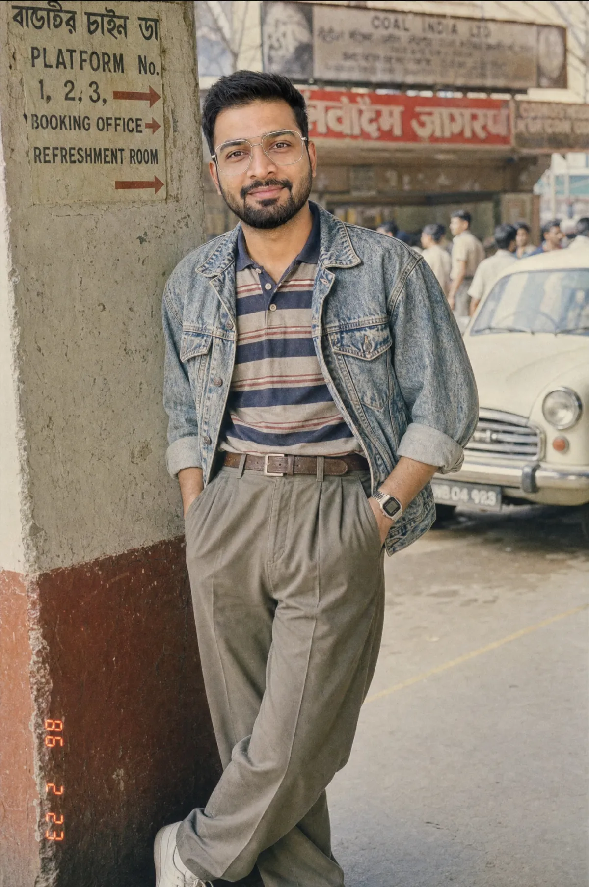The same man transformed by prompt T2 into a 1986 Indian railway station portrait: acid-wash denim jacket, striped polo, pleated trousers, clear-framed glasses, an Ambassador car behind him, warm faded film and a red-orange date stamp