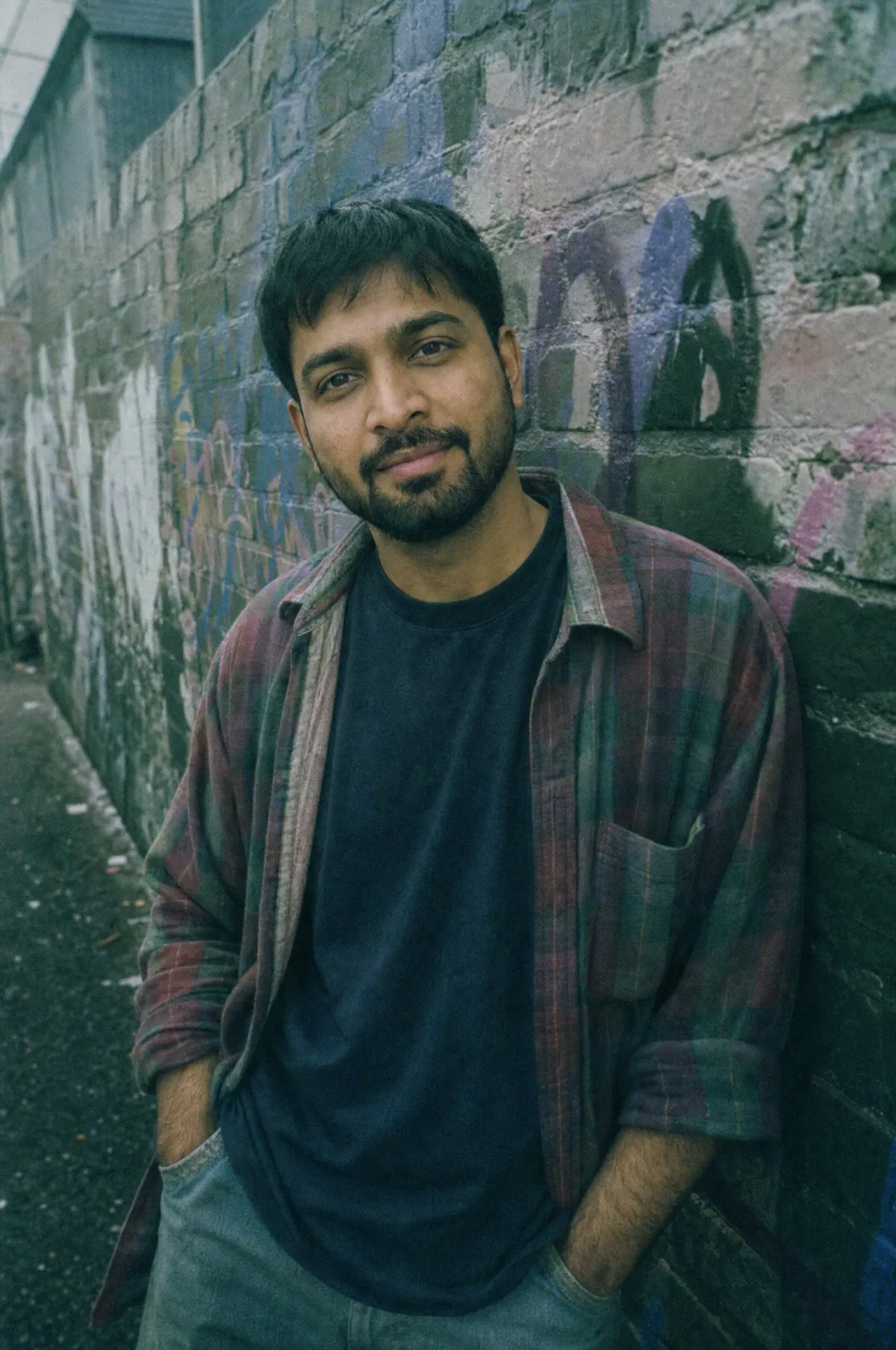 The same man transformed by prompt T4 into a 1994 grunge portrait: flannel over a tee against a graffitied wall, cool green-forward Fujicolor palette, available light, matte skin
