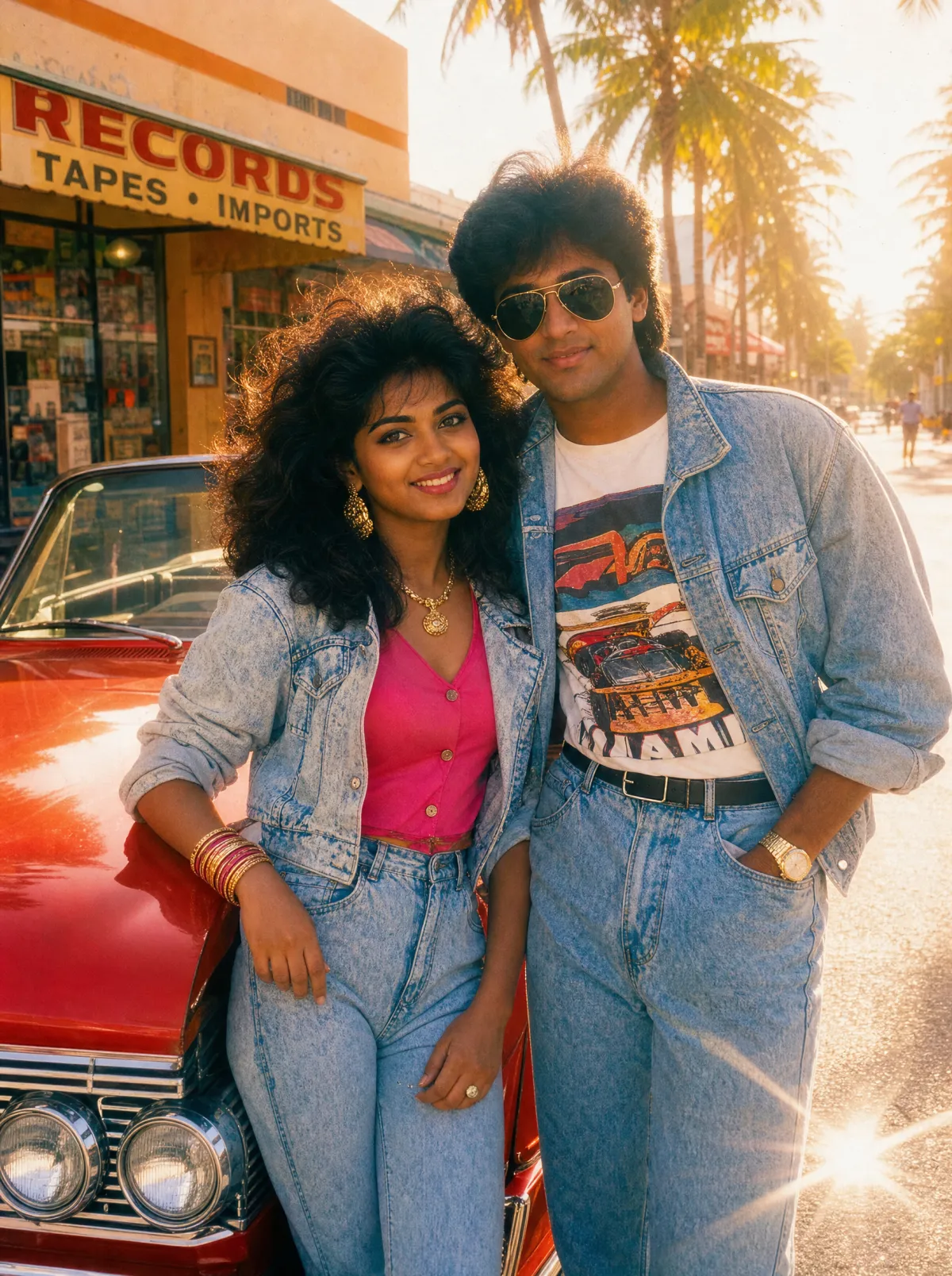A couple in acid-wash denim leaning on a red convertible on a palm-lined Miami street in 1986, generated from prompt T5, with saturated Kodachrome colour and heavy sun flare