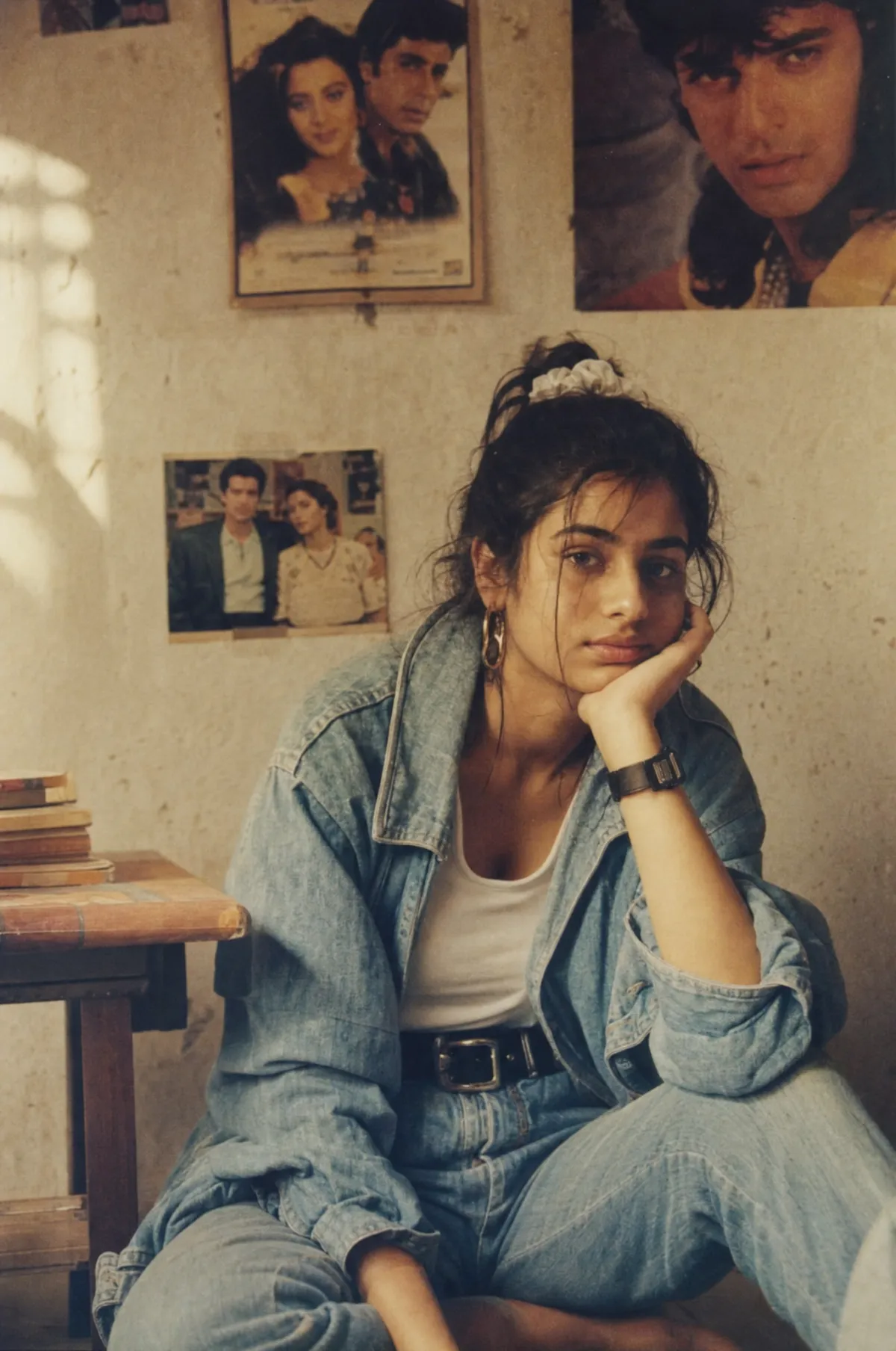 A young woman in an oversized denim jacket and scrunchie sitting in a 1993 hostel room, generated from prompt T6, with hard window light casting a shadow pattern on the wall and film posters taped behind her