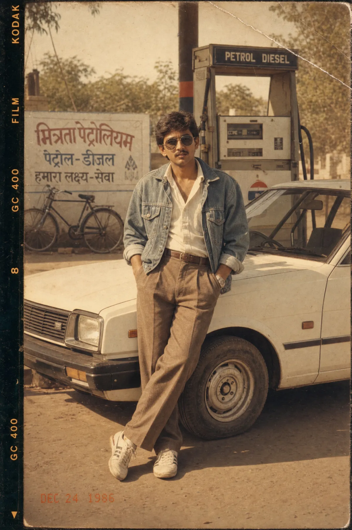 A 1986 photograph of a man leaning on a white sedan at a roadside fuel station, generated from prompt T7, rendered as an aged print with Kodak film edge lettering, a corner crease, faded orange colour and a DEC 24 1986 date stamp