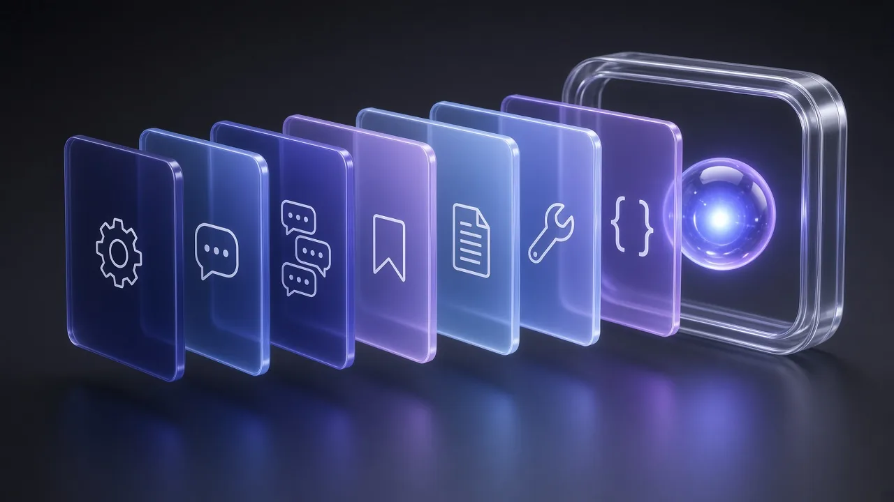 Seven translucent glass layers (instructions, user input, history, long-term memory, retrieved documents, tools and output schema) stacking into a single context window in front of an AI core