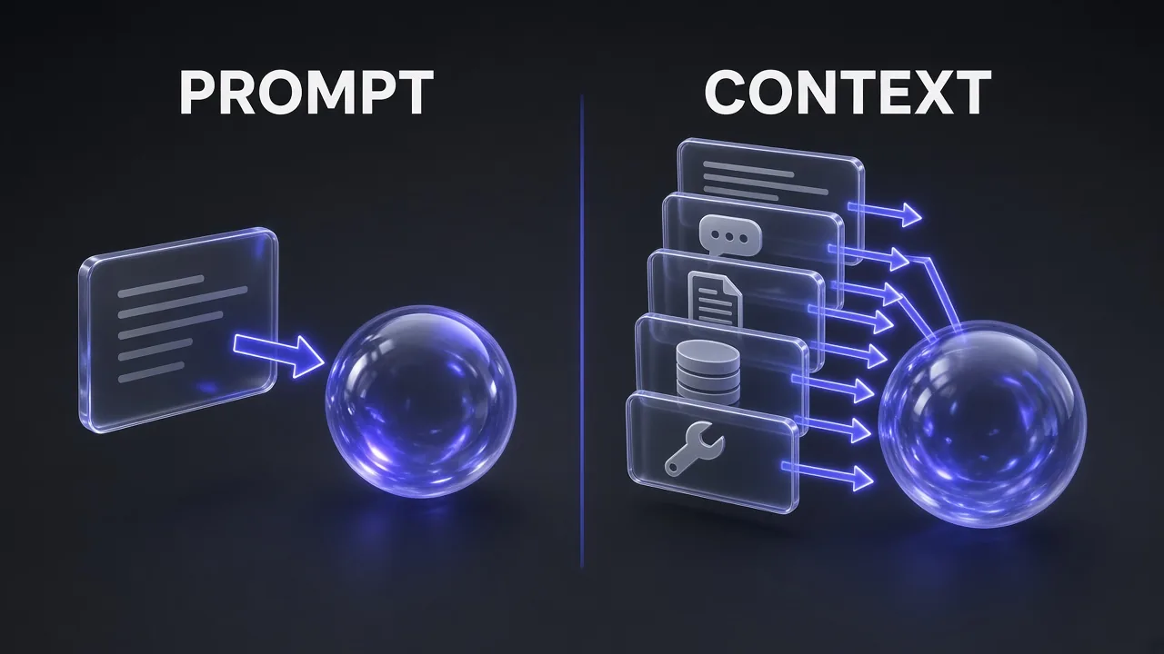 Split comparison: a single glowing prompt card on the left versus a layered stack of instructions, memory, documents and tools feeding the same AI core on the right
