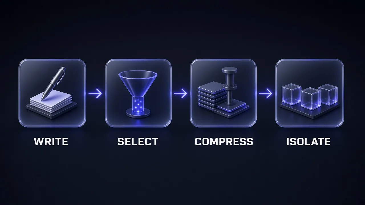 Four glass cards in a row showing the context engineering techniques write, select, compress and isolate, each with a simple icon