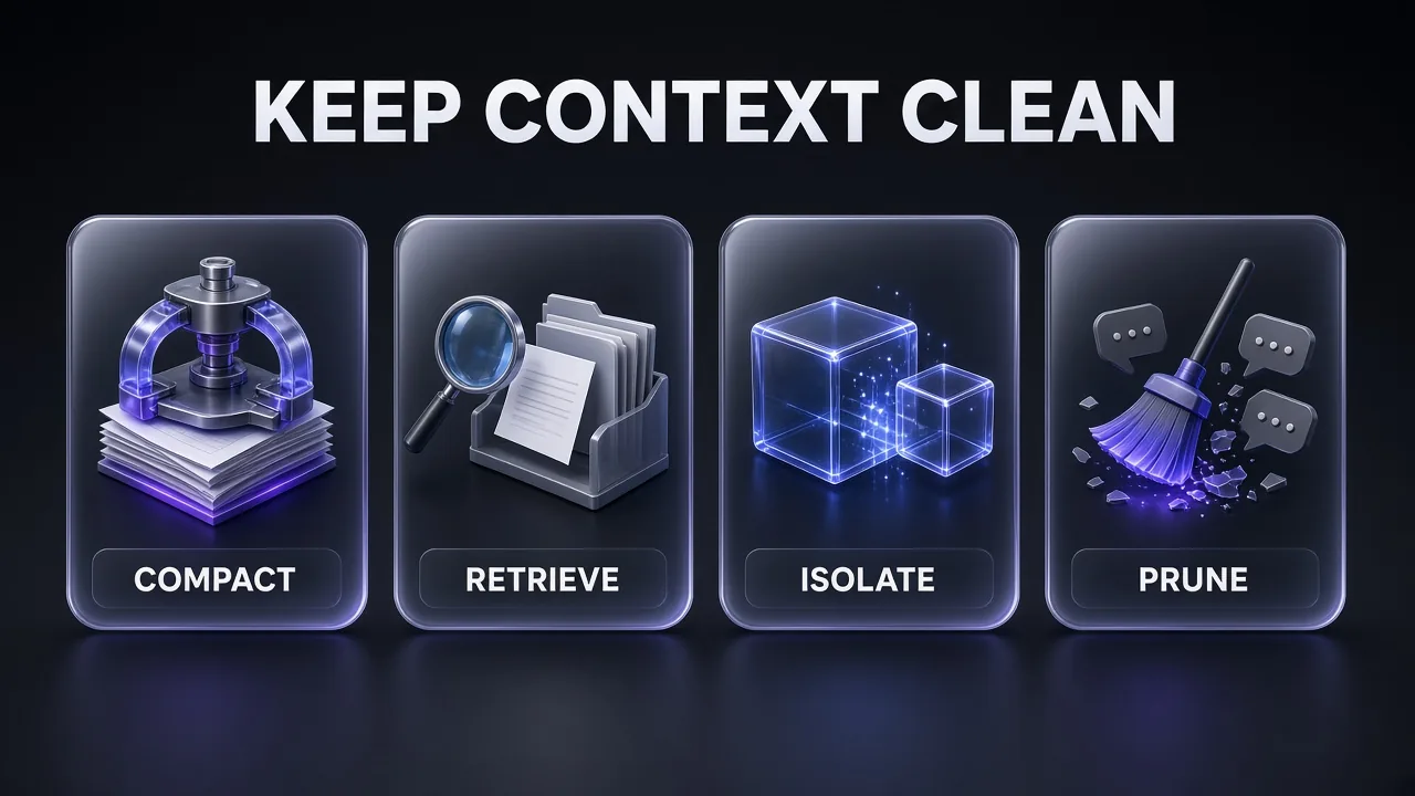 Four glass cards labelled COMPACT, RETRIEVE, ISOLATE and PRUNE under the headline KEEP CONTEXT CLEAN, showing the four core fixes for context rot