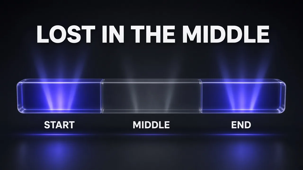 Diagram of a long context window shown as a glass bar split into START, MIDDLE and END, with the middle dimmed to show models lose facts placed in the middle of long prompts